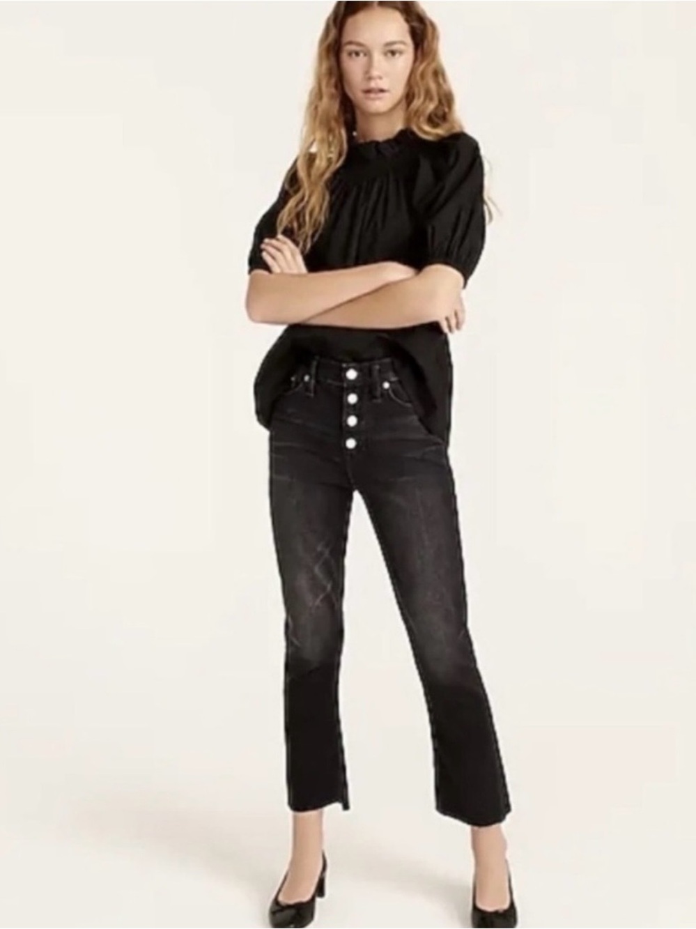 J. Crew Black High-Rise Button-Fly Cropped Jeans